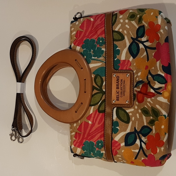 Vintage RARE Relic 1992 Collection Wood Handle With Floral Canvas Crossb Satchel - Picture 1 of 12